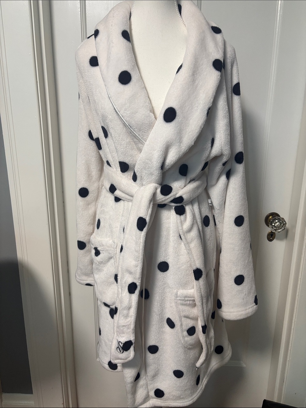 Victoria's Secret White Fleece Robe with Black Polka Dots